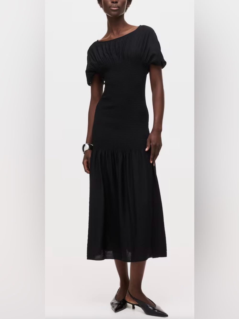 NWOT H&M Black Smocked Detail Maxi Dress | Classic Minimalist | Size L